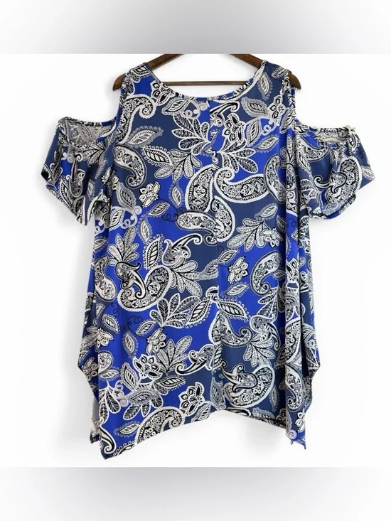 Sami & Jo Plus 2X Blue Paisley Cold Shoulder Ruffle Sleeve Blouse - Picture 1 of 6